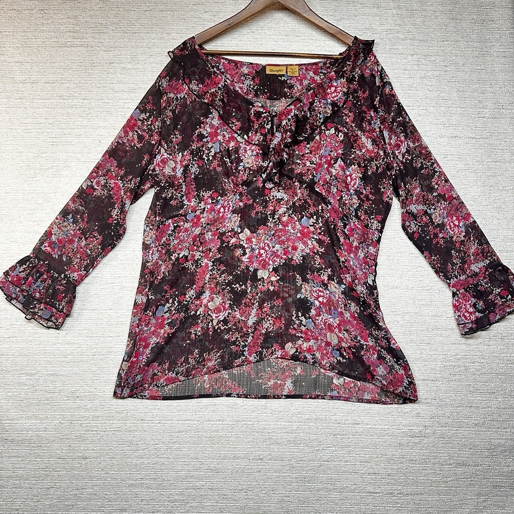 Wrangler Womens Sheer Floral Blouse XL Ruffle Boho Peasant Top Long Sleeve Pink